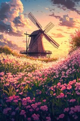 Vintage wooden windmill with beautiful colorful wild flowers in Spring.