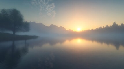 Obraz premium A serene morning scene by a lake with calm water reflecting the surroundings, perfect for relaxation and tranquility.