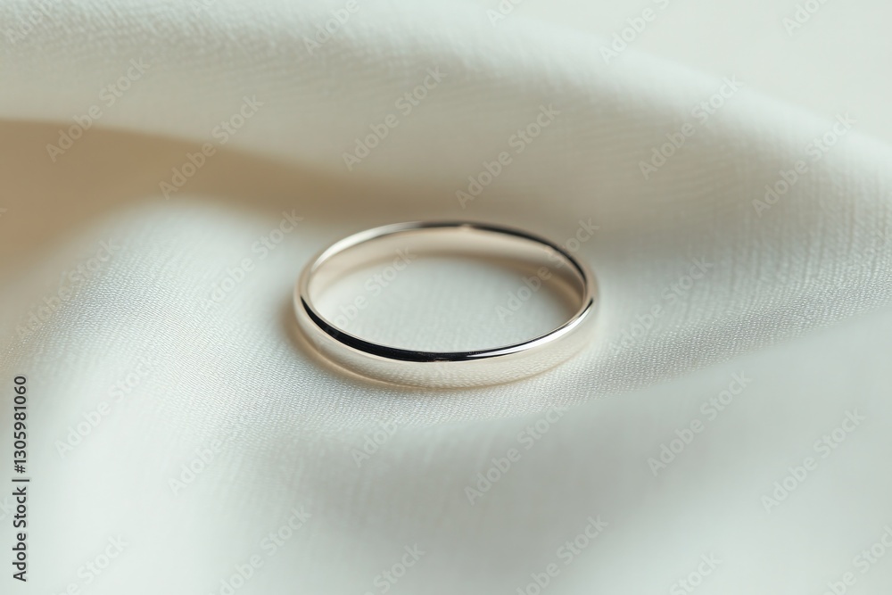 Poster close-up of thin silver ring placed on white linen fabric soft folds adding texture and depth