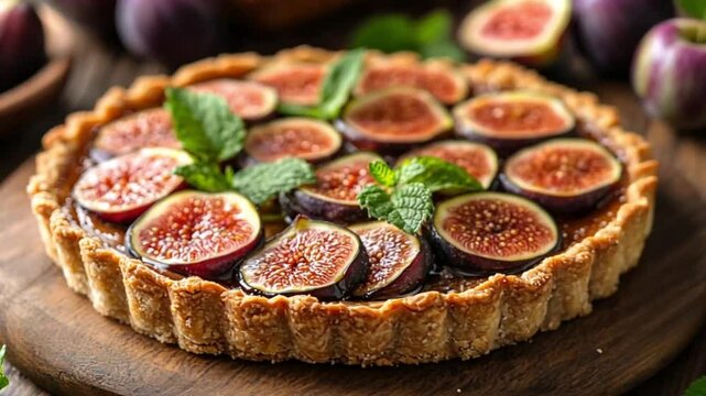 Fresh fig tart on wooden board, autumn dessert, delicious pastry