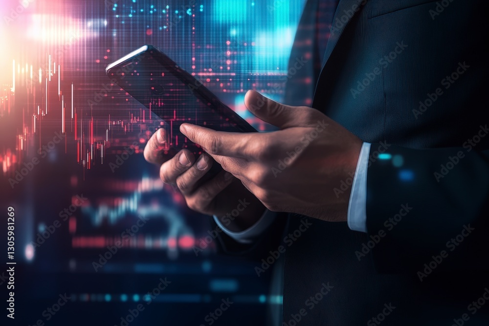 Poster businessman using smartphone with financial data and graph on screen