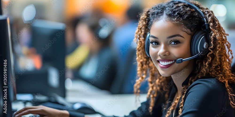 Poster customer service representative assisting clients in a call center business environment friendly int
