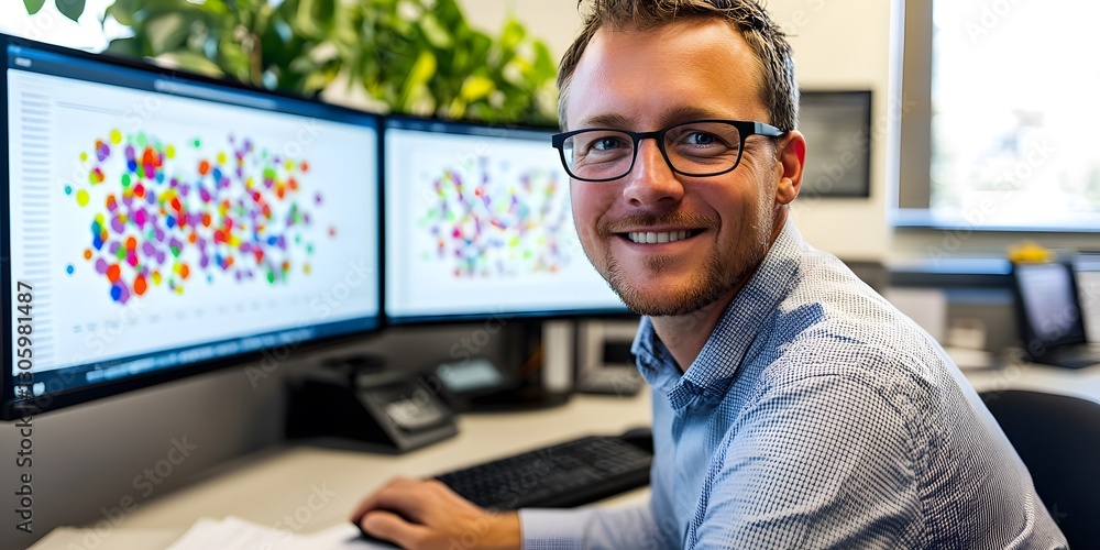 Poster data scientist big data sets using dual monitors in office environment professional