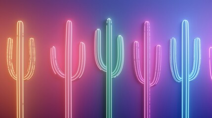 Neon cactus plants in a row with colorful background. Concept of desert, neon, and plant.