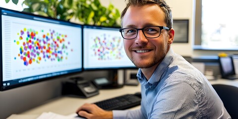 Data scientist big data sets using dual monitors in office environment professional