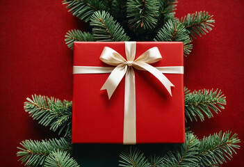 festive Christmas gift box with golden bow and fir branches, elegant holiday decoration with red wrapping paper