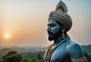 historical Indian stone statue at sunset, cultural monument symbolizing heritage, tradition, and legacy in a serene landscape
