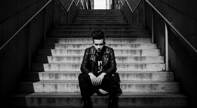 Loneliness on the Steps: A solitary figure, cloaked in somber attire, sits dejectedly on a stark staircase, bathed in the grayscale shadows of urban isolation.
