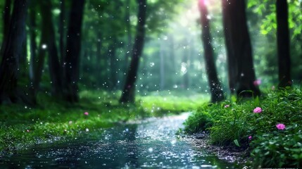 Obraz premium Magical forest stream, sunlight, green