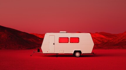 A white camper trailer in a red desert landscape. Concept of travel, camping, and adventure.
