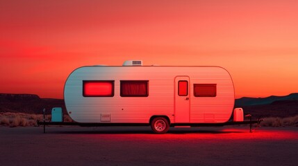 A vintage camper trailer sits against a vibrant sunset sky. The scene evokes a sense of adventure and the freedom of the open road.