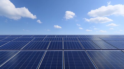 Photorealistic image of a solar panel field under bright sunlight, ideal for renewable energy projects.