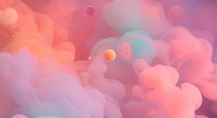 Cosmic Cloudscape: An abstract composition with swirling clouds of pastel colors and floating spheres, creating a surreal and dreamlike atmosphere.