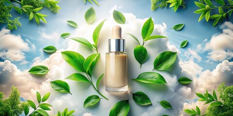 Overhead Foundation Bottle Photography: Natural Green Leaves, Earthy Tones, High-Contrast