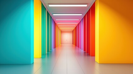Fototapeta premium Colorful corridor with vibrant walls and bright lighting. Modern architecture with a playful design.