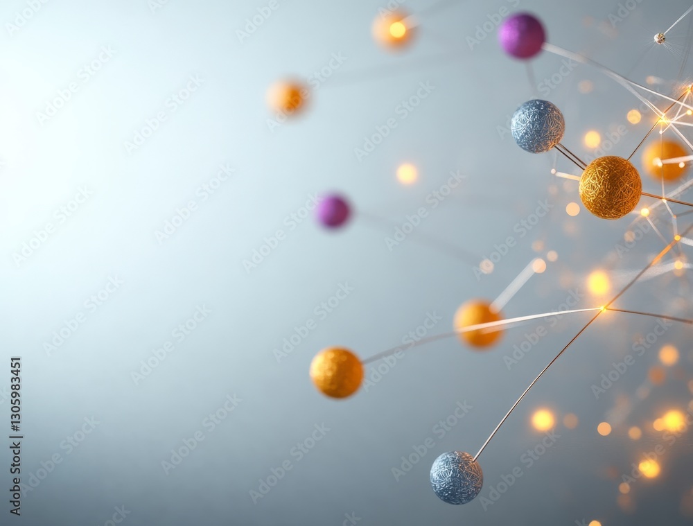Poster abstract representation of connections and networks with colorful spheres and glowing lines on a sof