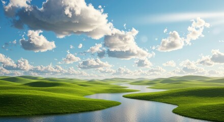 Obraz premium Scenic River Amidst Rolling Hills: A vibrant landscape unfolds with a serene river winding through lush green rolling hills under a brilliant blue sky dotted with fluffy clouds.