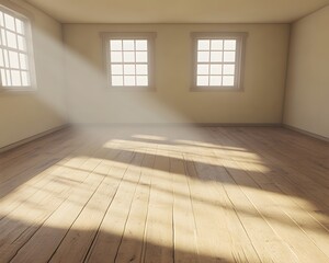 Sunlit Empty Room with Wooden Floor and Windows