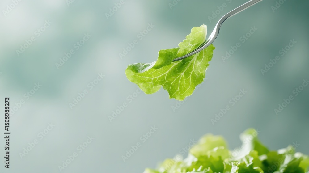 Poster conceptual visual of fork lifting light salad leaf with soft bokeh background and copy space represe