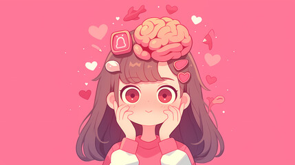 Obraz premium A cheerful girl with a brain and heart-themed design on a pink background, expressing joy and creativity