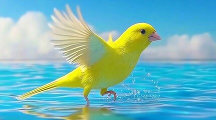 Yellow bird flying over ocean, sunny sky