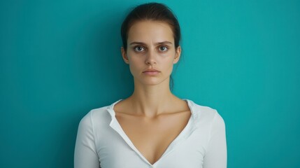 Fototapeta premium Serious Young Woman in White Shirt Against Teal Background