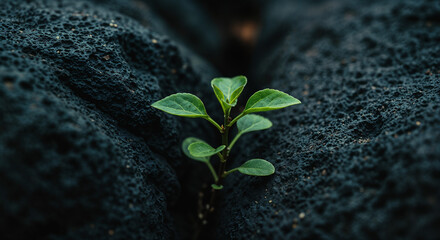 Naklejka premium Resilient Green Plant Growing In Crevice Of Dark Porous Rock