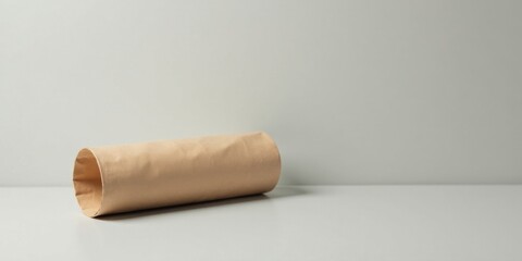 Fototapeta premium A rolled-up tube of light brown paper rests on a minimalist white surface against a neutral backdrop