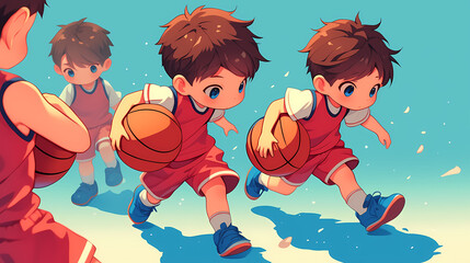 Young children in red jerseys dribbling basketballs on a sunny court, with playful shadows behind them