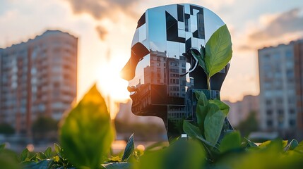 Fototapeta na wymiar Artistic Sculpture Crafted from Recycled Materials Depicting a Reflective Human Face Surrounded by Greenery at Sunset