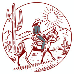 A cowgirl on horseback in the western landscape when the setting sun