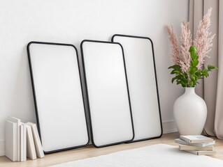Three Blank White Frames Mockup with Black Accents in a Minimalist Interior