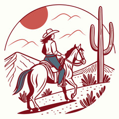 A cowgirl on horseback in the western landscape when the setting sun