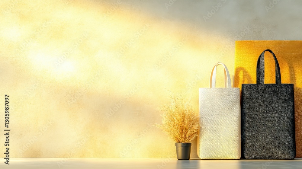 Poster elegant display of canvas bags in natural setting with plant and soft sunlight on minimalist backdro