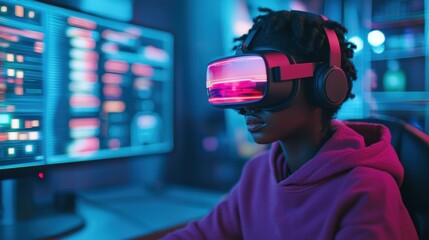 Woman wearing VR headset and headphones immersed in virtual reality. Concept of gaming, metaverse, and future technology.