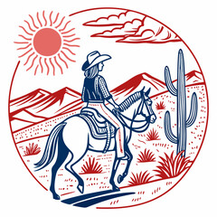 A cowgirl on horseback in the western landscape when the setting sun