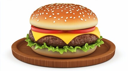 Juicy Cheeseburger on Wooden Plate, White Background