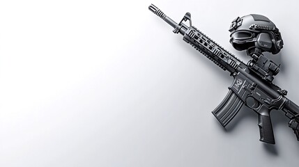 Naklejka premium Military rifle and helmet on white. Defense, security concept. Stock photo