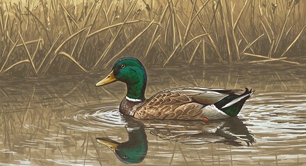 Obraz premium Illustration of Mallard duck swimming peacefully - nature's harmony - for nature documentary