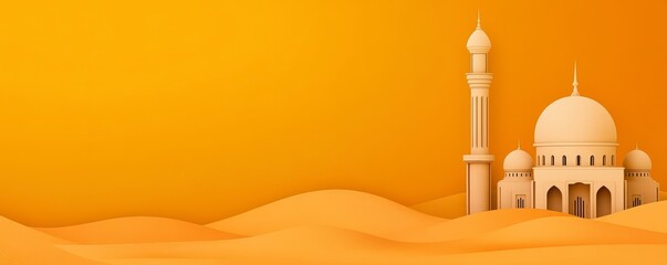 White Mosque in Orange Desert Landscape, Paper Cutout Style