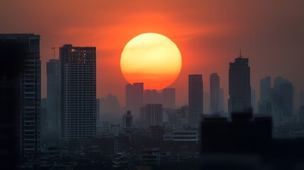 Fototapeta premium Cityscape at Sunset Under Heavy Pollution with Orange Glow Illuminating Urban Skyline