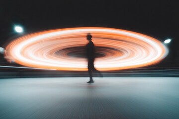 Fototapeta premium creative motion blur effect capturing dancer spinning under streetlights leaving neon trail that represents movement