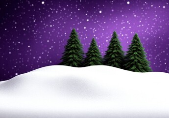 Fototapeta premium Winter Night Scene Four Evergreen Trees on a Snow Covered Hill Against a Purple Starry Sky