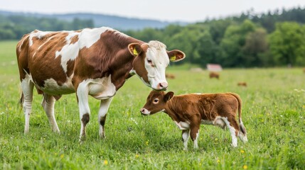 Cow and calf in a green field. Concept of farm animals, livestock, and agriculture.