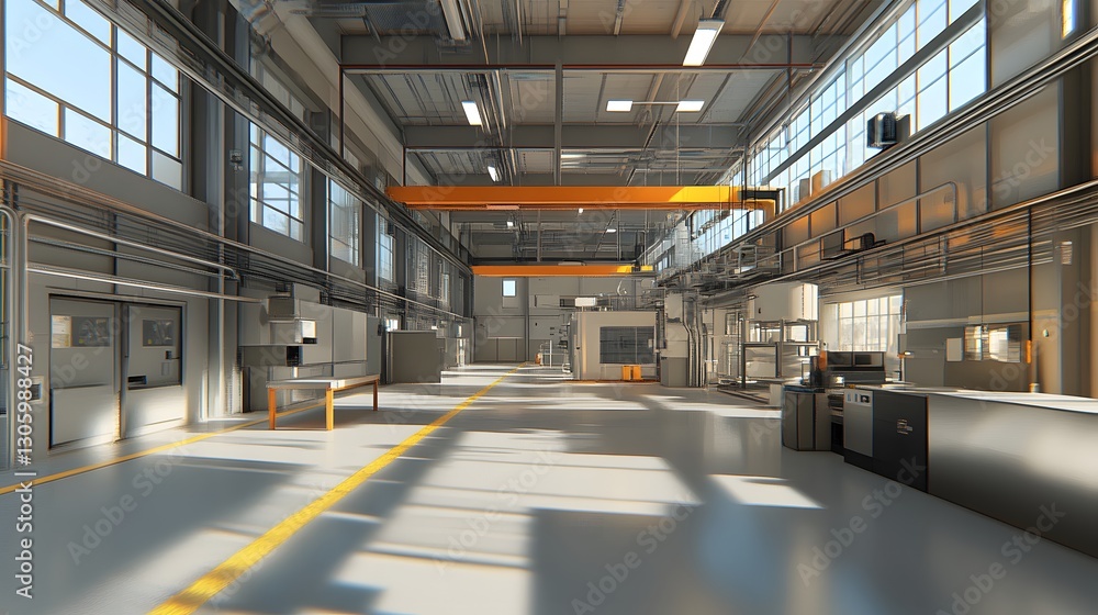 Aufkleber a large industrial building with a yellow line on the floor. the space is empty and has a clean, mod