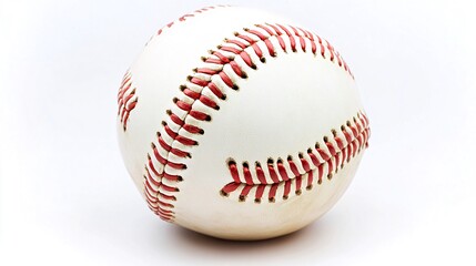 Baseball close-up, white background, stitching detail, sports equipment