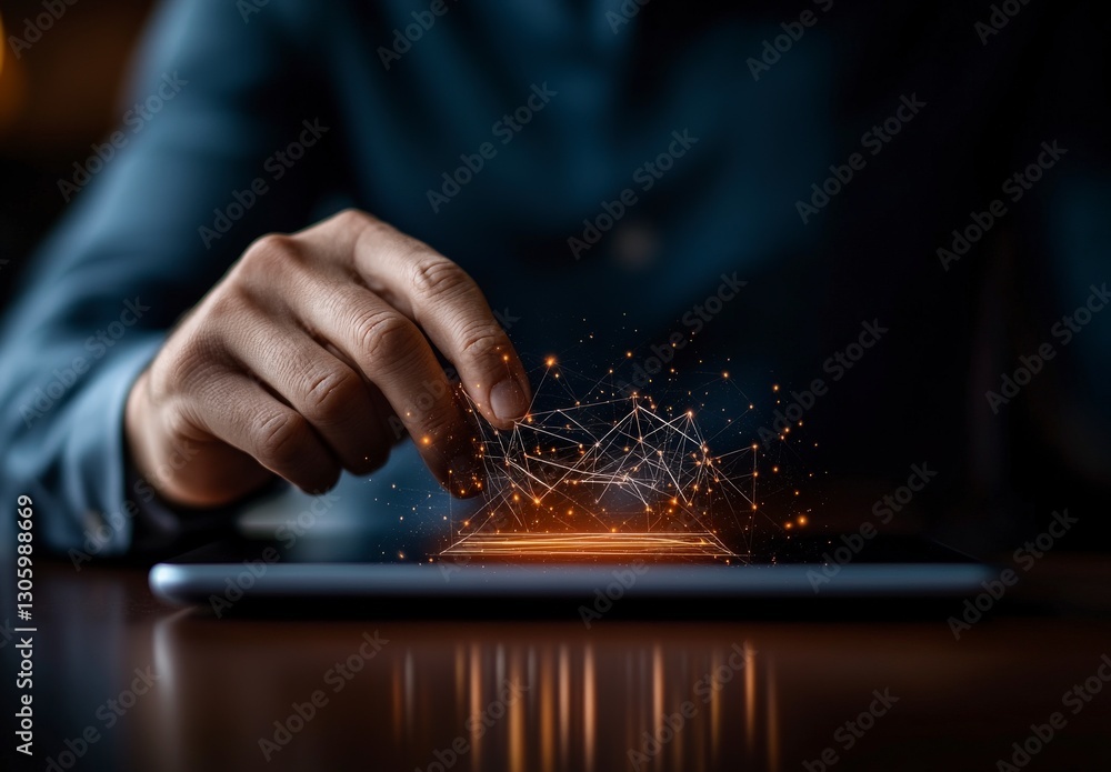 Poster hands engaging with digital interface displaying abstract data connections and innovative technology