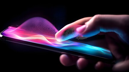 Close-Up of Hand Interacting with Smartphone Displaying Vibrant Digital Visuals in a Dark Setting