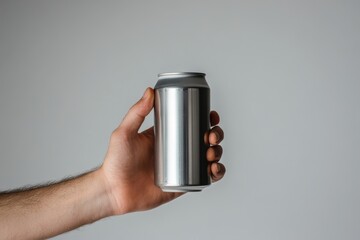 A hand holds a silver aluminum can. Ideal for beverage, product, or packaging designs.