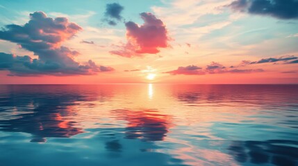 Obraz premium Serene Sunset Ocean Reflection Calm Waters Colorful Sky